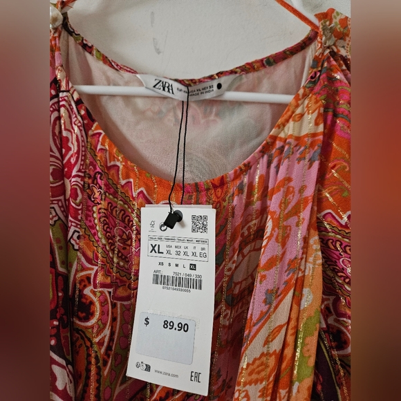 NWT Zara Short Printed Dress Belted Multicolored Orange Size XL 7521/049 - Picture 9 of 15